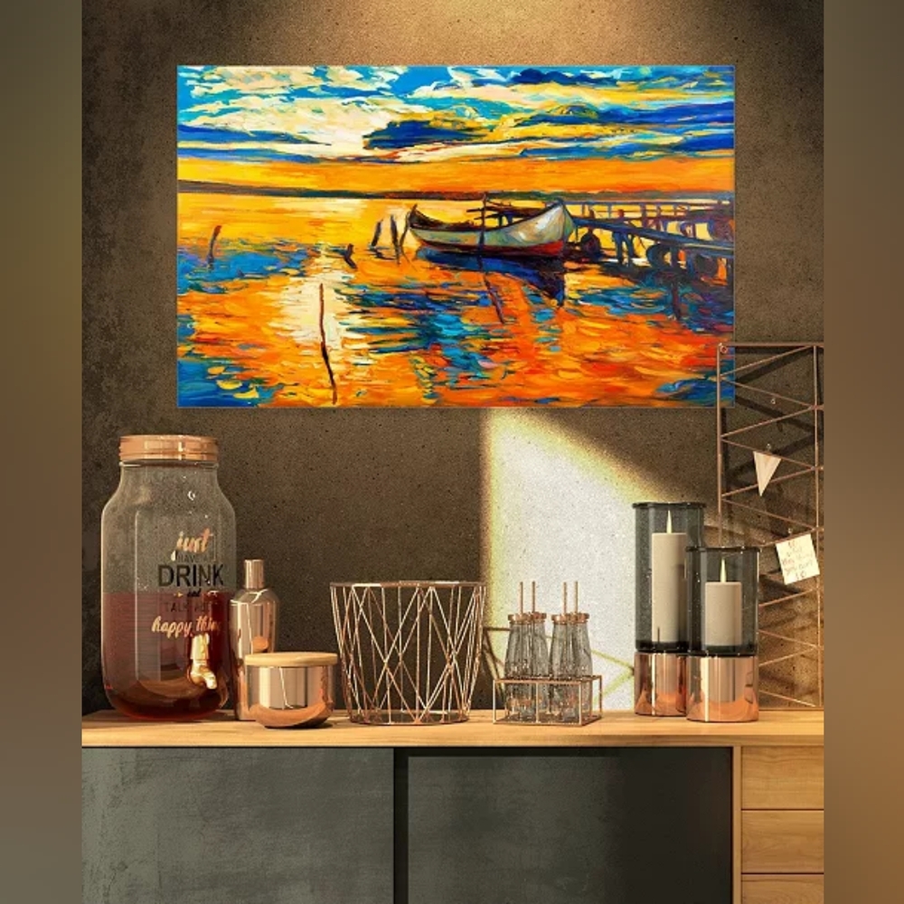 DESIGN ART Designart Boat And Jetty At Sunset Landscape Art Print Canvas - 32" X